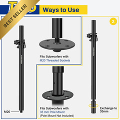Speaker Pole Set of 2 M20 Threaded 35mm Mount Height Adjustable Subwoofer Stand