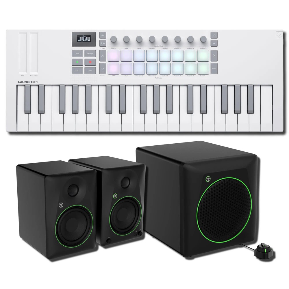 Novation Launchkey Mini 37 MK4 White MIDI w/ Mackie CR8BT & CR8SBT Sub