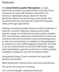 SONY UWP Lavalier Microphone Senal OLM-2S with 3.5mm Locking Connector BRAND NEW