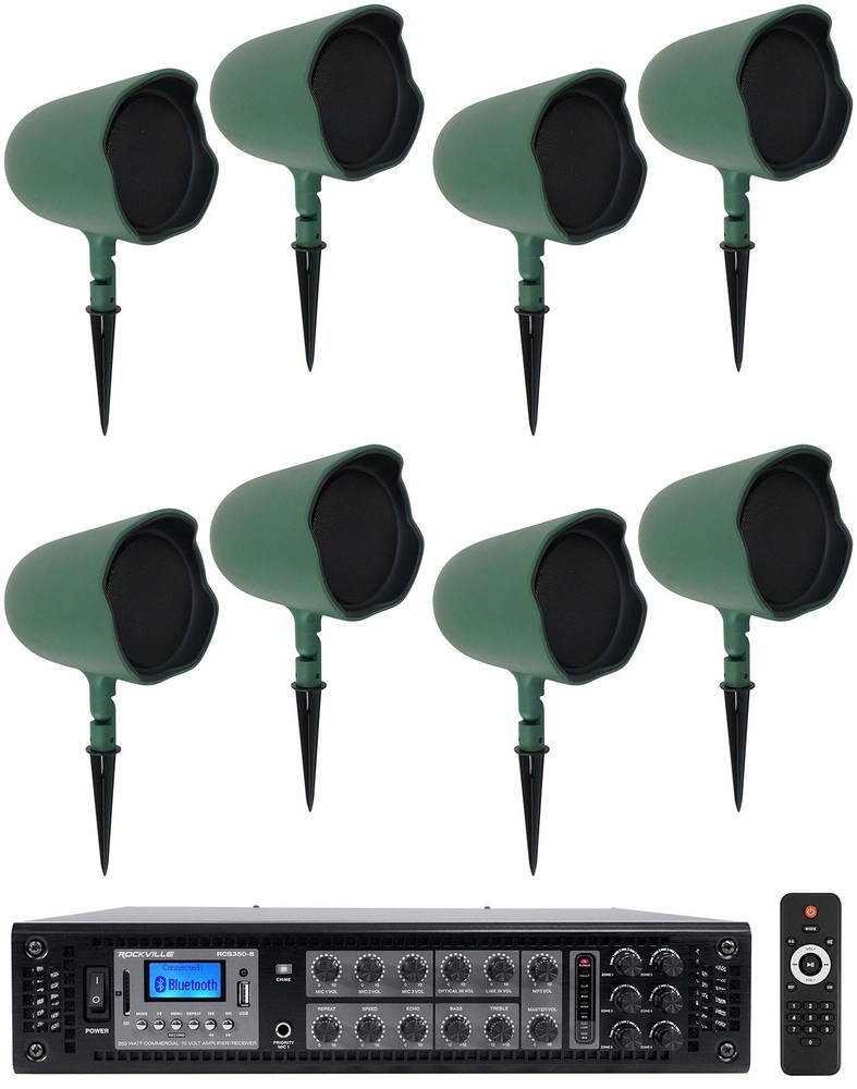 8 JBL GSF6-GN 6.5″ Landscape Ground Stake/Wall Mount 70v Commercial Speakers+Amp