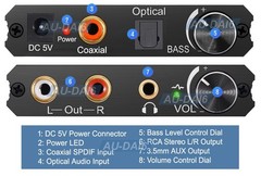 Digital Optical Coax To Analog Stereo RCA L/R 3.5mm AUX Out │Bass & Volume Dial