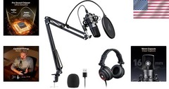 Plug and Play 192kHz Microphone Bundle with Adjustable Boom Arm and Headphones