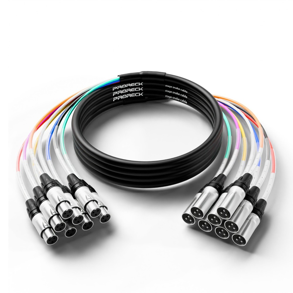 PRORECK 15ft 8-Channel XLR Snake Cable Color Coded Studio Audio Patch Cord Wire