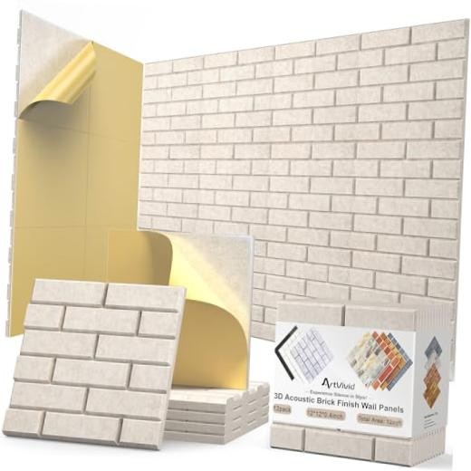 12Pack Acoustic Wall Panels, 12″×12″×0.4″ Self-Adhesive 3D 12 Pack Brick Camel