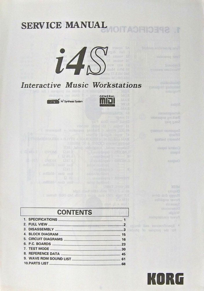 Korg i4S Workstation Synthesizer Keyboard Original Service Manual Book, 1994