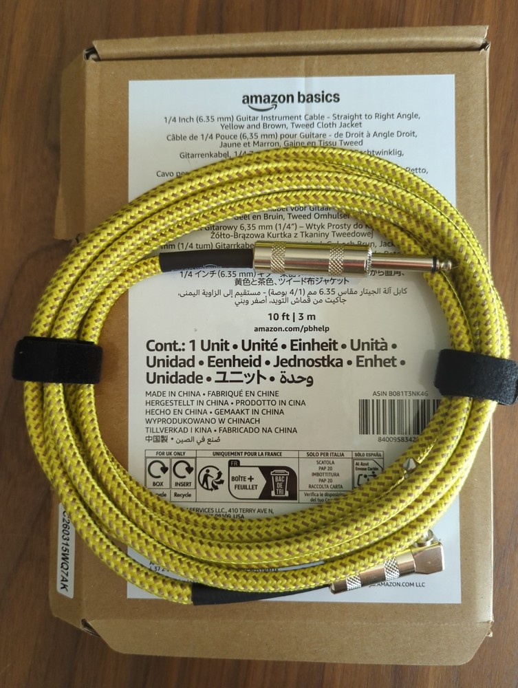 Guitar/Instrument Cable 1/4″ Straight To Straight. Yellow & Brown Tweed 10ft
