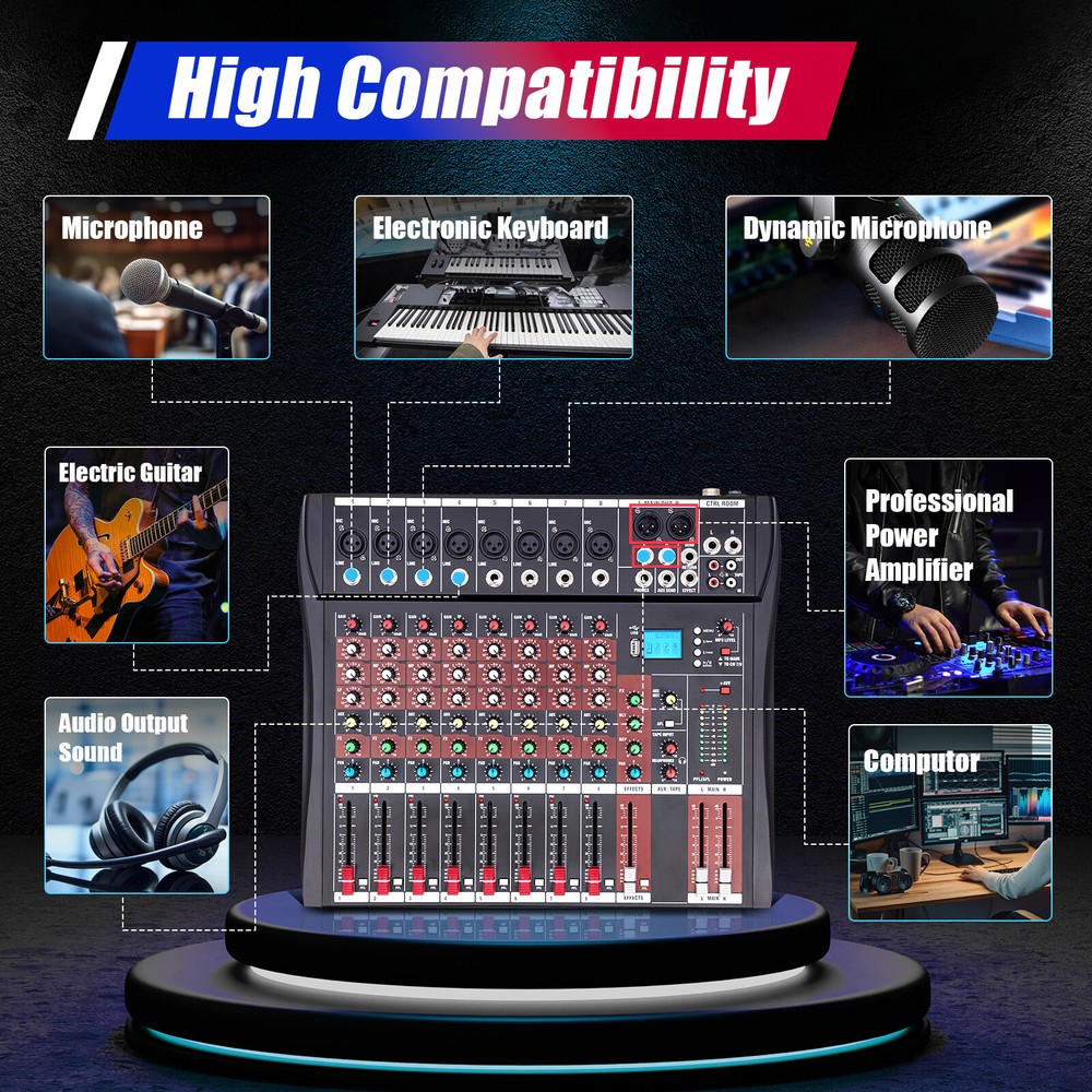 8 Channel Pro Live Studio Mixing Console Bluetooth Microphone Sound Audio Mixer
