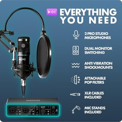 Movo Podkit2A Podcast Equipment Bundle 2 Condenser Microphone Kit w/ Interface