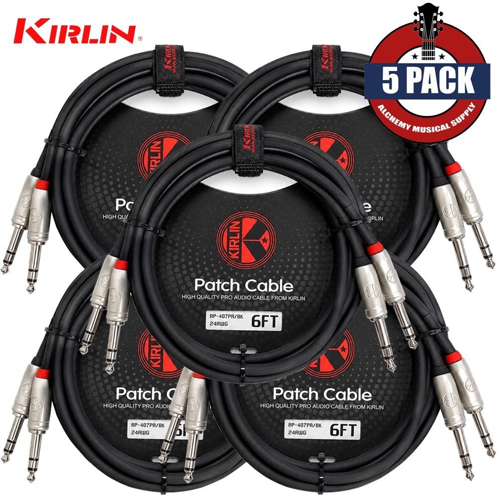 5-PACK Kirlin 6FT Dual 1/4″ TRS To Same 24AWG Audio Patch Cable AP-407 PR-06/BK
