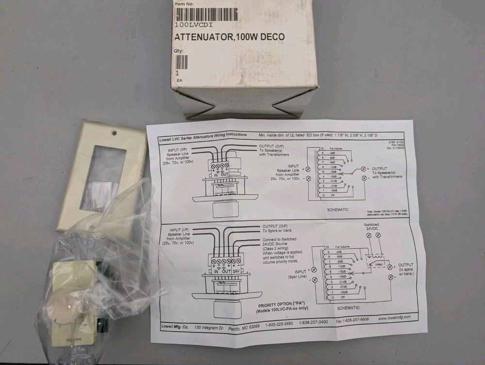 Lowell 100LVC Attenuators Wiring 100W 100V 70V 25V In Ceiling Volume Control