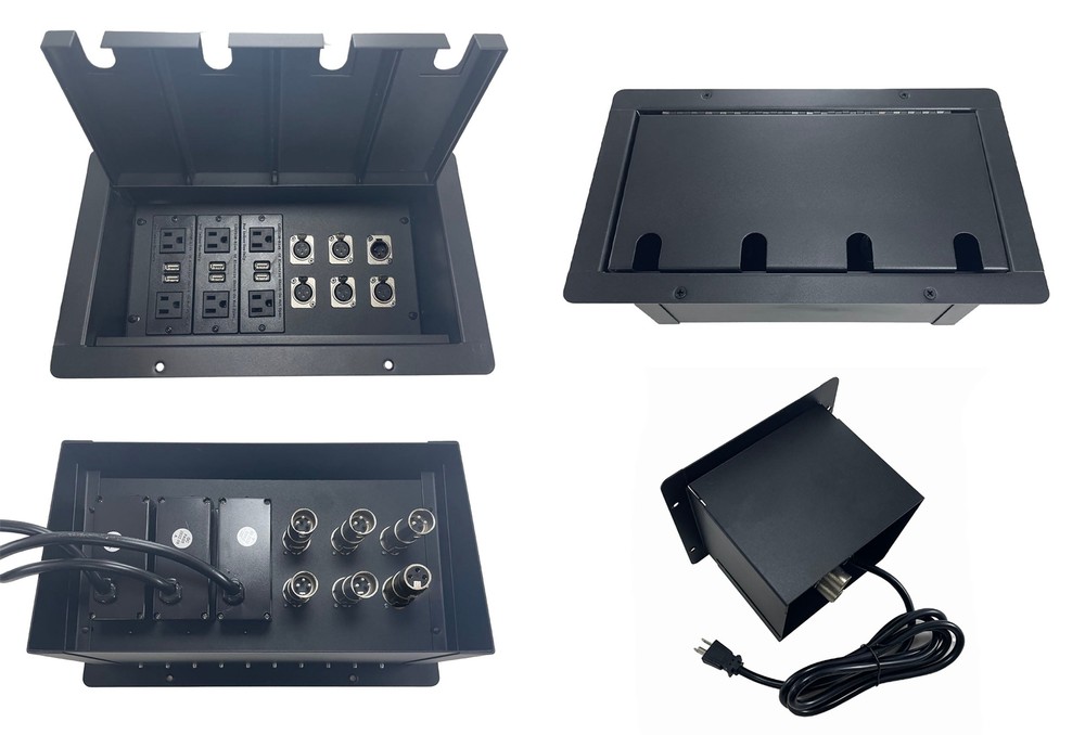 PROCRAFT JUMBO 4 HOLE LID FEED-THRU Floor Box w/ 3) AC 5) XLR Female 1) XLR Male