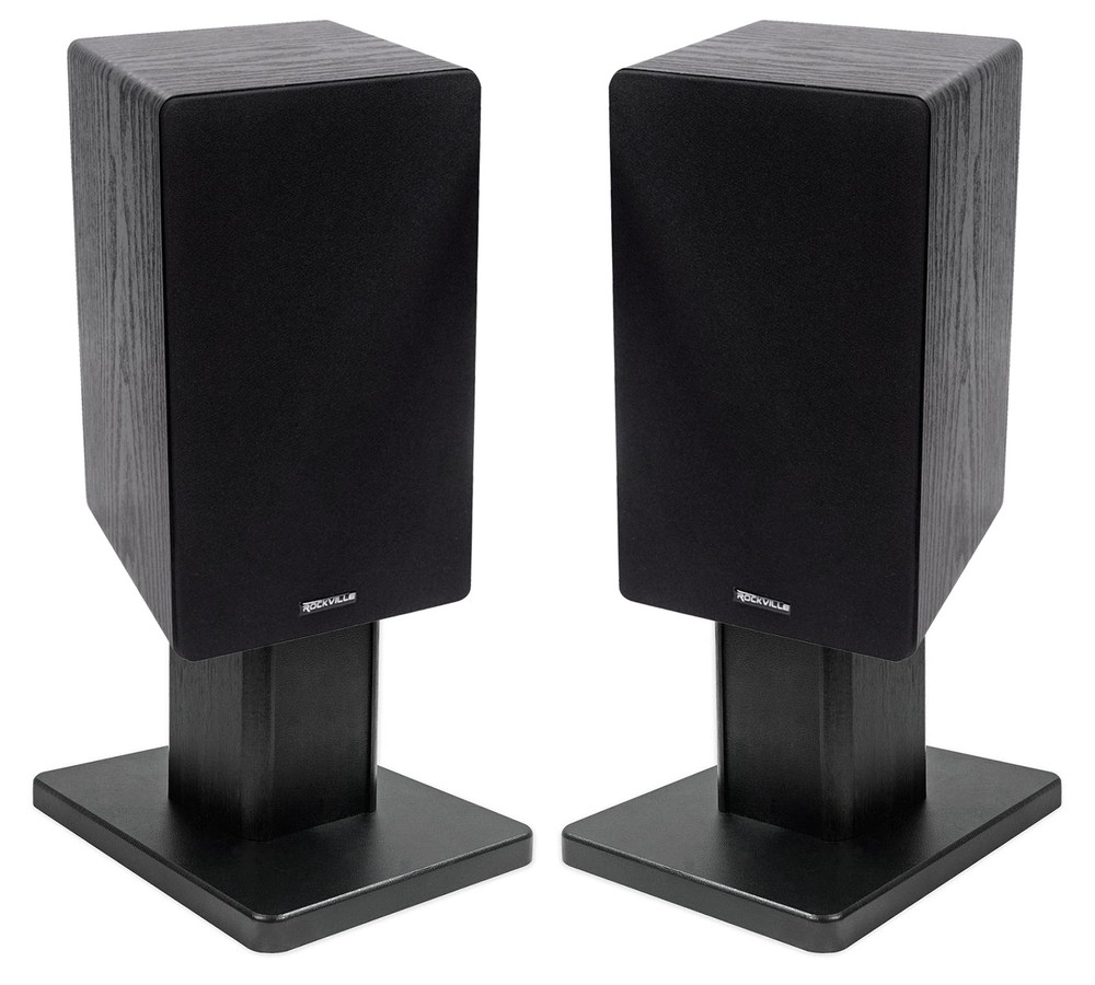 (2) Rockville RockShelf 64B Black 6.5″ Home Bookshelf Speakers+8″ Speaker Stands