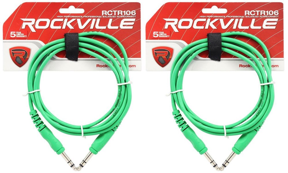 2 Rockville RCTR106G Green 6′ 1/4“ TRS to 1/4“ TRS Cable 100% Copper