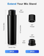 2 Pcs Mic Stand Extension Tube 5/8 Inch Microphone Extension Pipe Aluminum Alloy