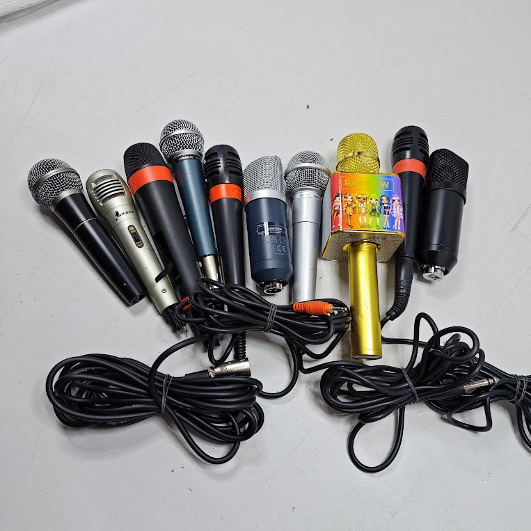 Lot of 10 Mixed Microphones – Untested, Various Models and Colors, Signs of Wear