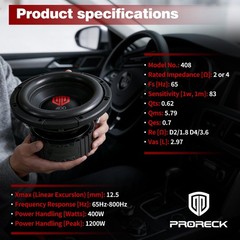 PRORECK 408-D2 8″ 1200W Car Subwoofer 2PCS Dual 2 Ohm Stereo Competition Woofer