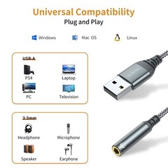 USB to 3.5mm Audio Jack Adapter, External Sound Card Converter 1 Pack, Grey