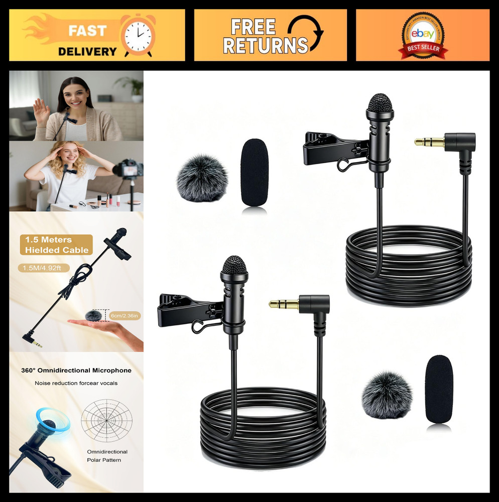2Pcs Omnidirectional Lavalier Microphone for Streaming, Vlogging, Interviews, 1.