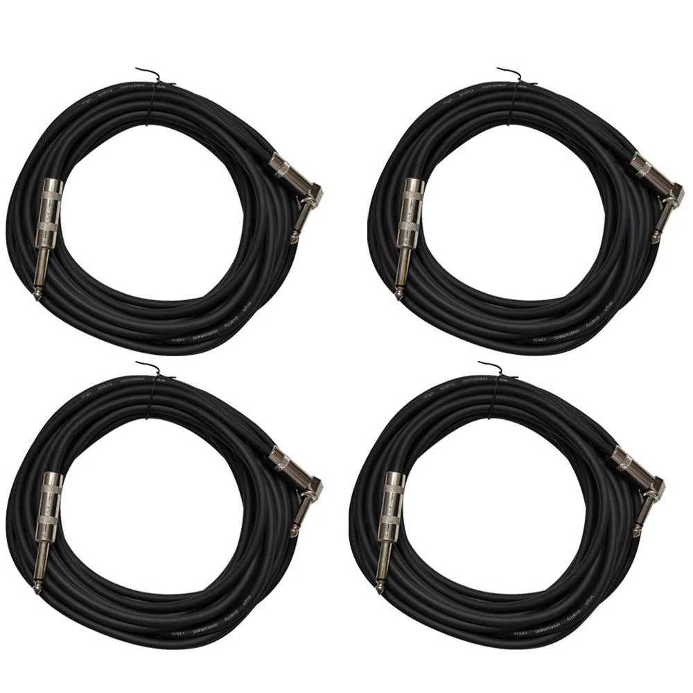 4 Pack Black 20ft Right Angle to Straight Guitar Cables