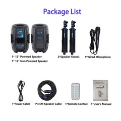 Dual 12″ 2000W Powered PA Speakers Adjust Height Stands 2CH Handheld Microphone