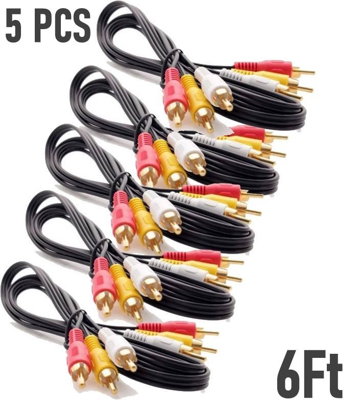 5 PCS 6FT 3 RCA Male to Male Composite Audio Video Cable Cord TV DVD Gold Plated