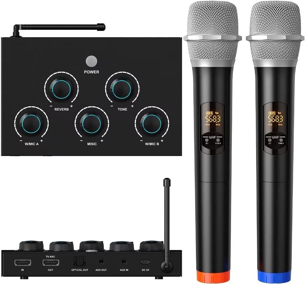 Portable Karaoke Microphone Mixer System Set, Dual UHF Wireless Mic HDMI/Optical