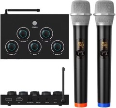 Portable Karaoke Microphone Mixer System Set, Dual UHF Wireless Mic HDMI/Optical