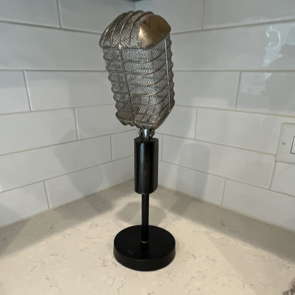 Vintage Style Desktop Microphone Prop with Stand, Silver, Black, Classic Design