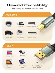 Printer Cable Nylon Braided USB 2.0 Cord Type A To Computer 6.6FT Grey Wire
