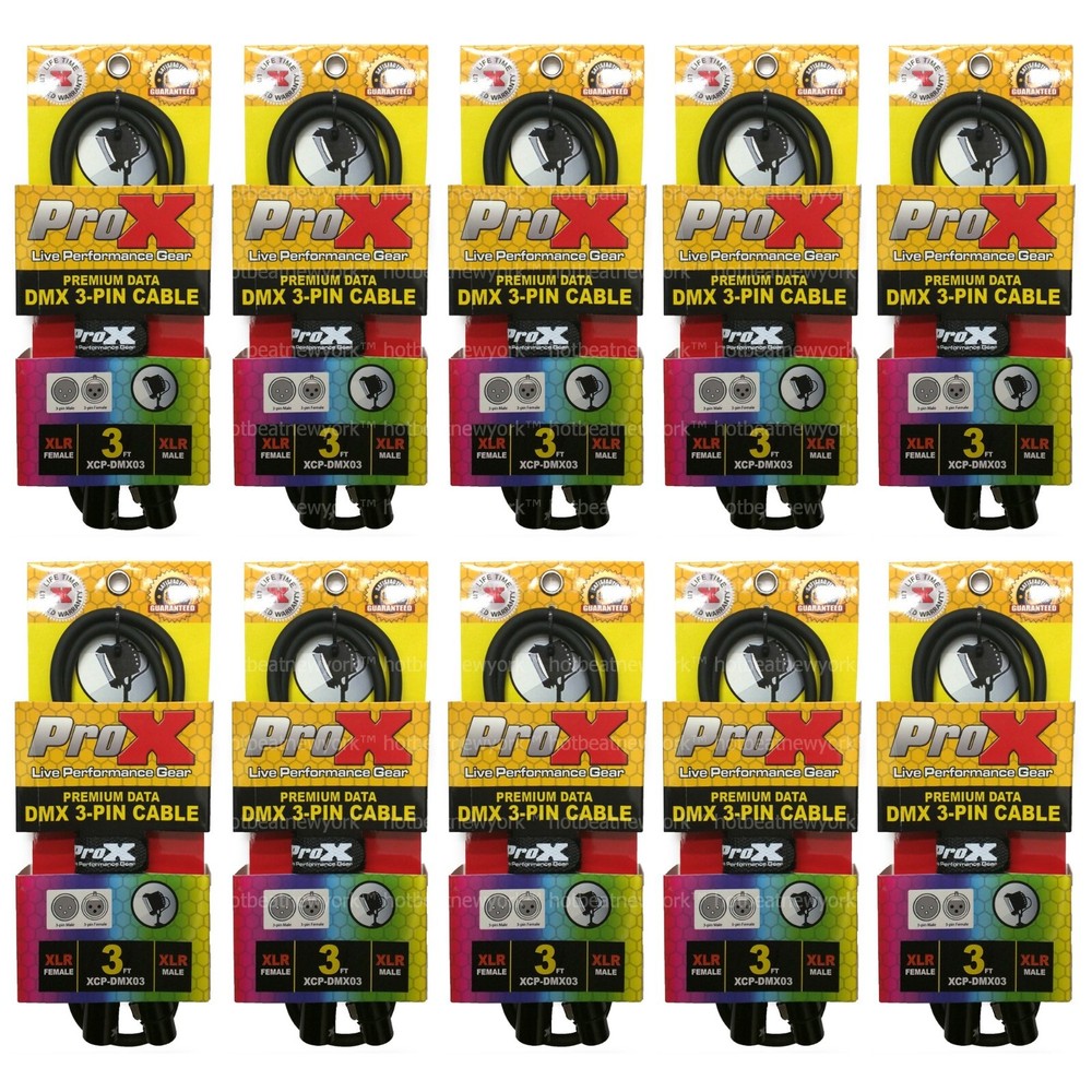 10 pack ProX XCP-DMX03 3ft XLR3-M to XLR3-F 22AWG DMX Premium OFC Cable 110-ohm