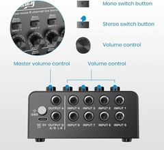 Audio Mixer, DC 5V, 8 Stereo Ultra, Low Noise 8 Channel Line Mixer for Sub-Mi…