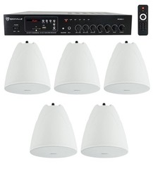 Rockville Commercial Amplifier+5) White Pendant Speakers For Restaurant/Bar/Cafe