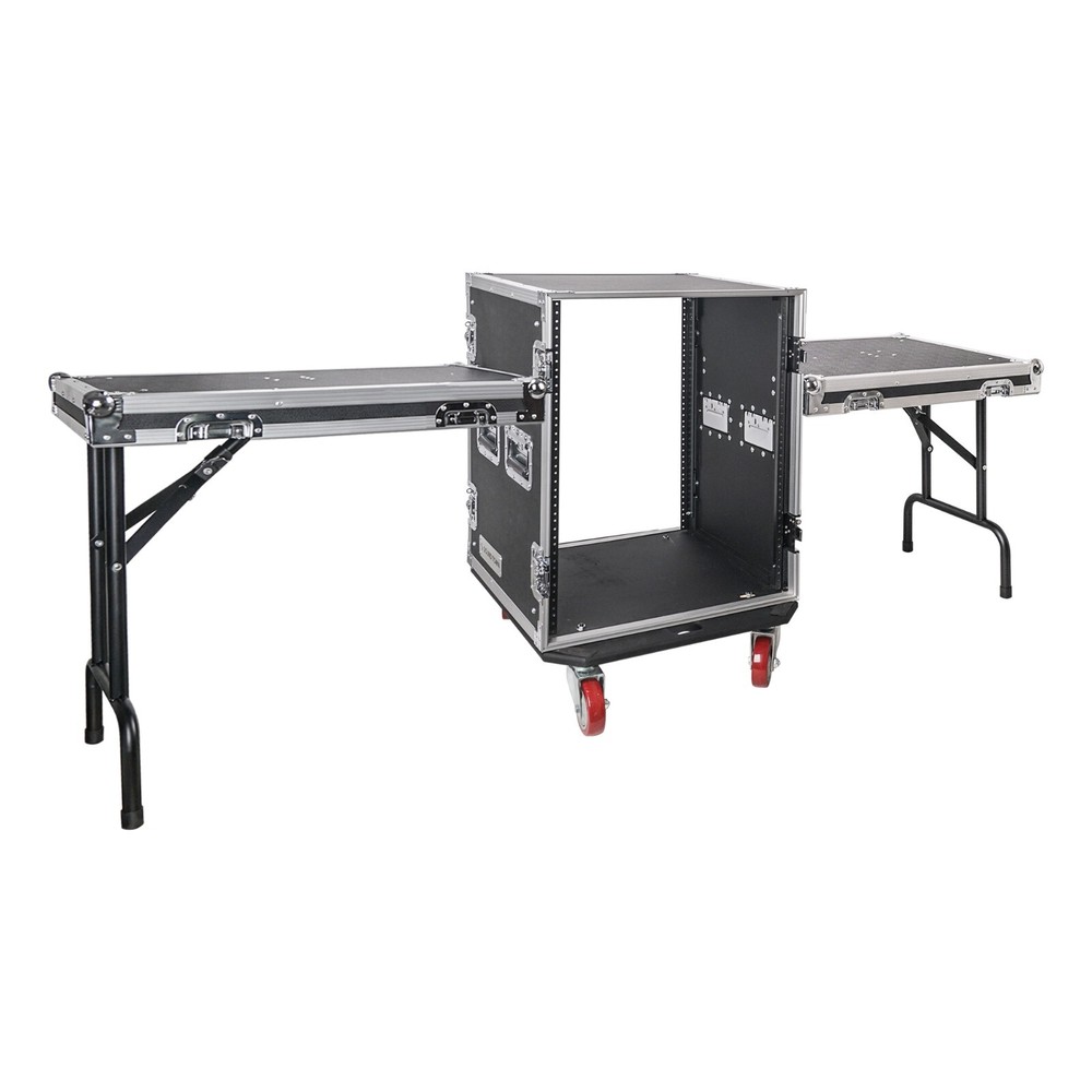 Sound Town 14U Rack Case 21″ Depth, Two DJ Work Tables, Casters, Plw STRC-14UWT2