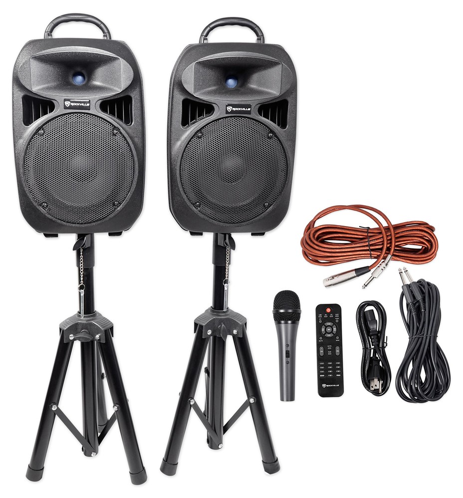 Rockville RPG082K Dual 8″ Powered PA System Speakers/Bluetooth+Mic+Stands+Cables