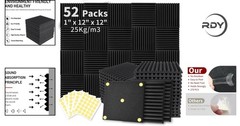 Black Acoustic Foam Panels 52 Pack 1″ x 12″ – Noise Cancelling for Home & Studio