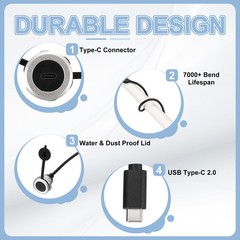 Round USB C 2.0 Panel Mount Extension Cable, Type-C Male to C Female, 1ft