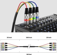 50 Ft 4 Channel XLR Snake Cable – Colored Mic Patch for Live, Studio, Recording