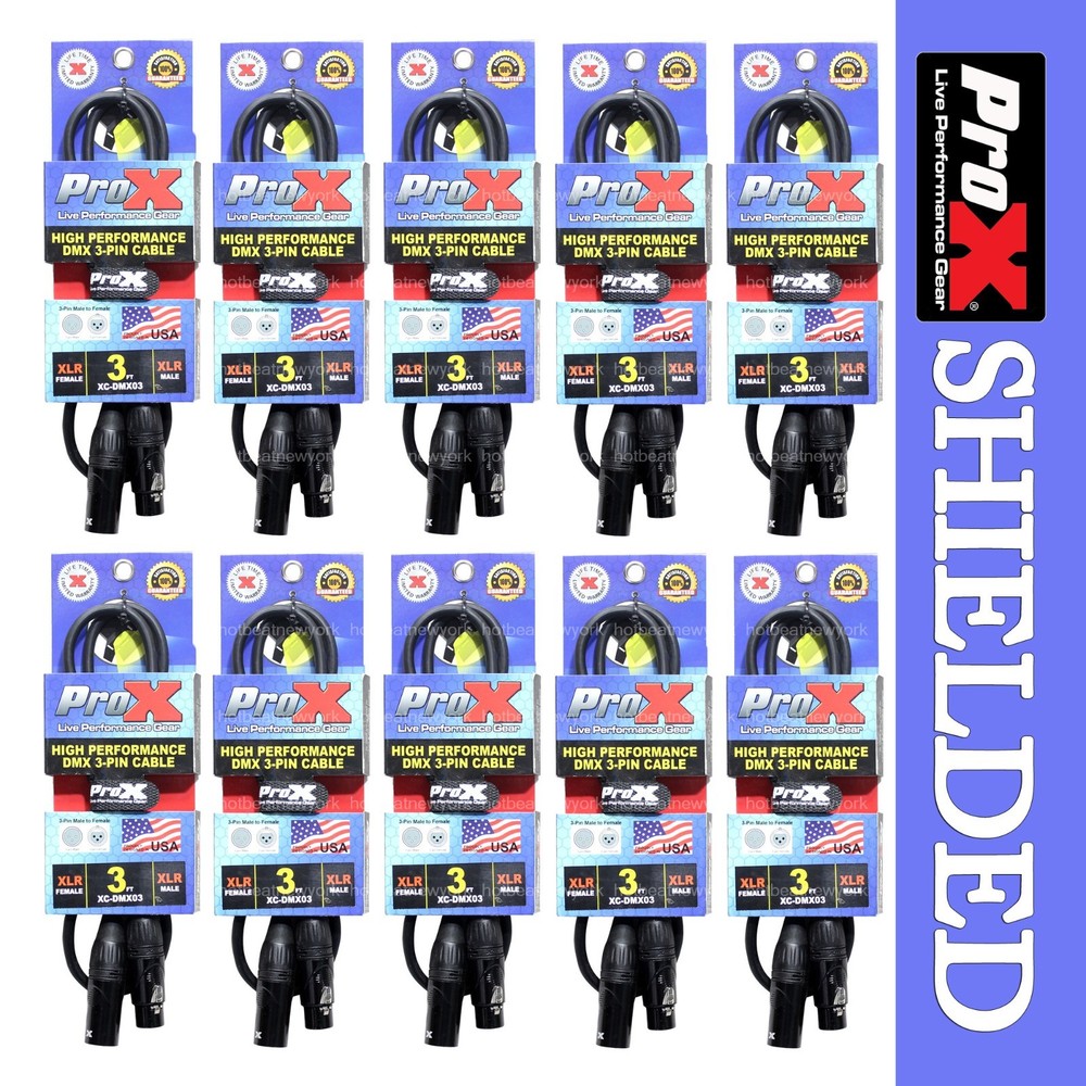 10x ProX XC-DMX03 3 Ft DMX Male 3-Pin to DMX Female 3-Pin Shielded Cable