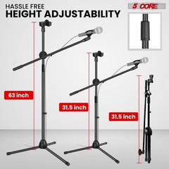5 Core Microphone Stand Floor Adjustable 63″ Tripod Mic Stands w Boom Arm