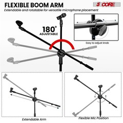5 Core Microphone Stand Floor Adjustable 63″ Tripod Mic Stands w Boom Arm