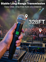 Wireless Microphone System, 328FT Long Range UHF Cordless Mic Set with Handheld