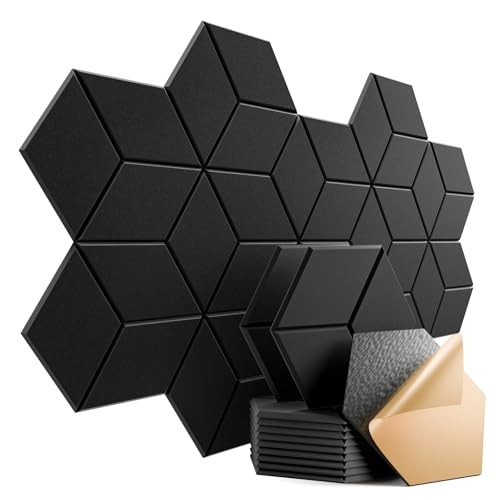 12 Pack Self-adhesive Acoustic Panels 12″ X 10″ X Y-Cut Hexagon 12 Pack Black