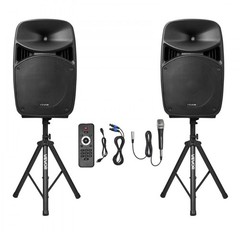 Vevor 15” Powered PA Speakers Pair w/ Stands, Cables & Microphone Bluetooth NEW