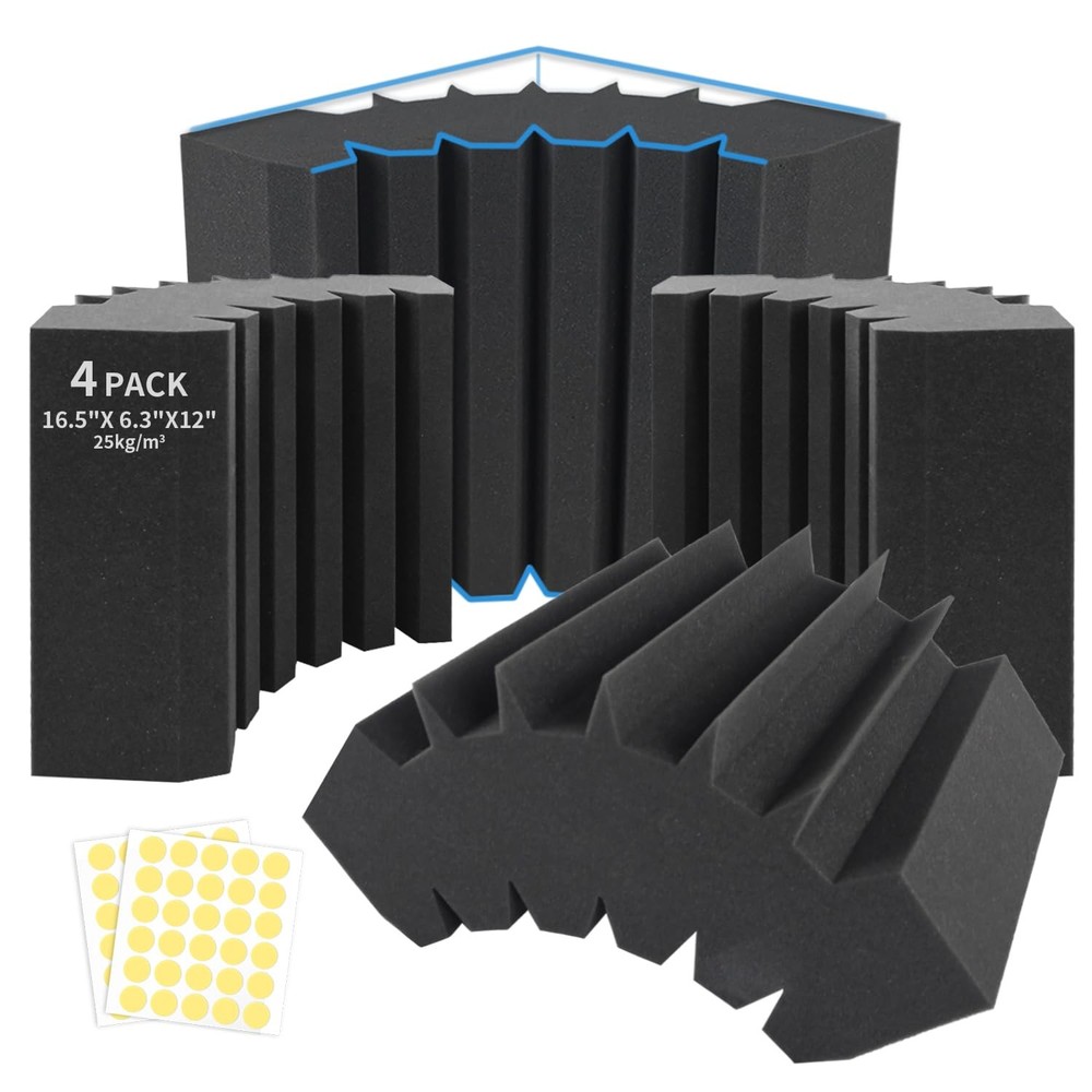 Focusound 4 Pack Bass Traps Corner Acoustic Foam Corner 16.5 X 6.3 X 12 Acous…