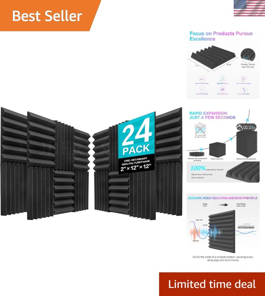 Fireproof Acoustic Foam Panels (24 Pack) – Soundproof Wedge 2″ x 12″ Free-Sta…