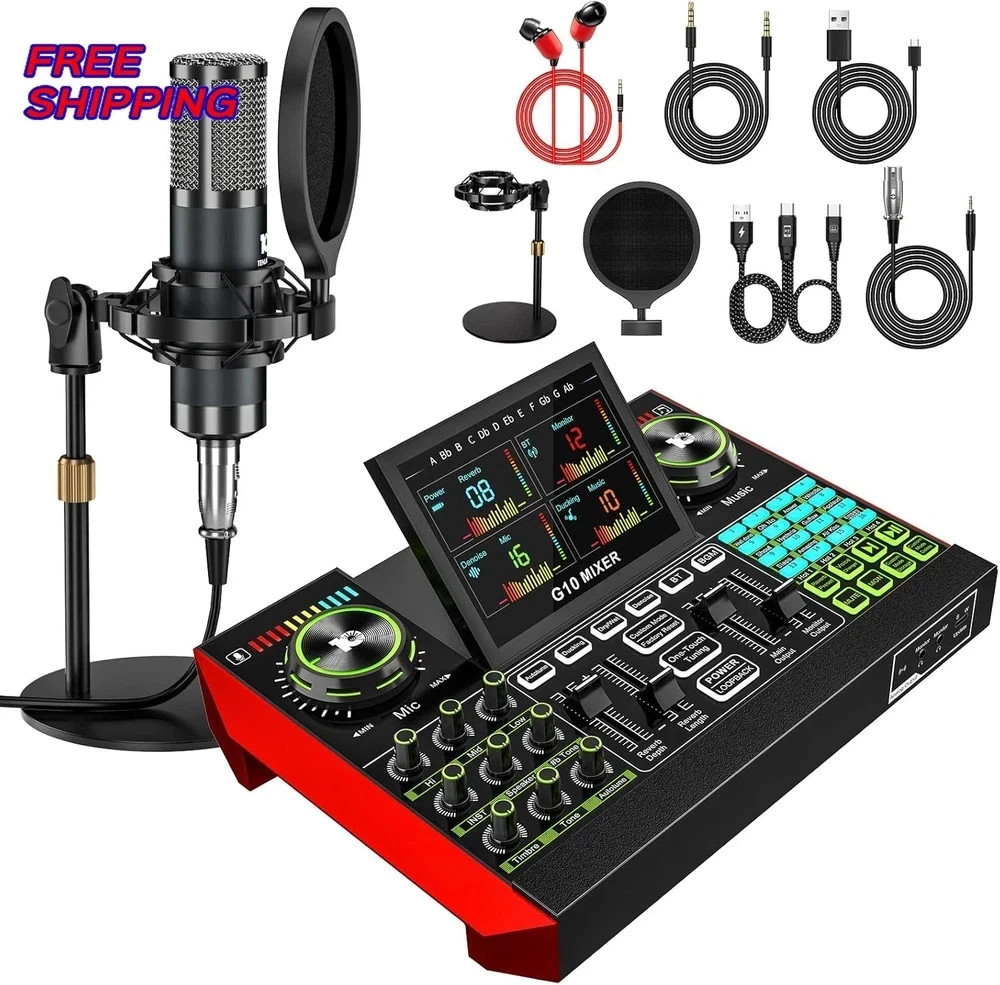 Podcast Equipment Bundle with Live Sound Card Audio Mixer, 3.5mm Condenser Micr