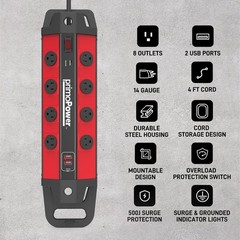 Metal Workshop Surge Protector Power Strip with 2 USB Ports – 8 Spaced Outlet…