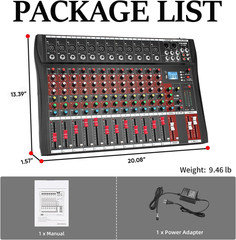 12-Channel Professional Audio Mixer with Bluetooth and USB Recording