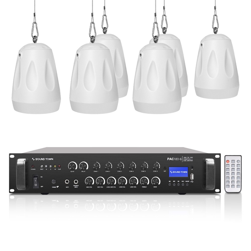 Sound Town 6-Zone 70V/100V Amp, 6 x Pendant Speakers, White(PAC180X6PD4W)