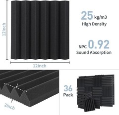 36 Pack 12″x12″x2″ Acoustic Foam Panels Soundproof Wedges Black